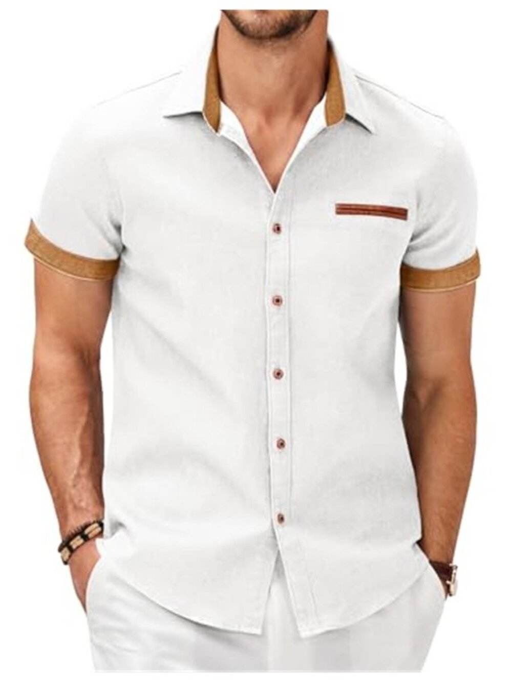Men 3XL White Denim Plaid Collar Short Sleeve Button Down Casual Work Shirt